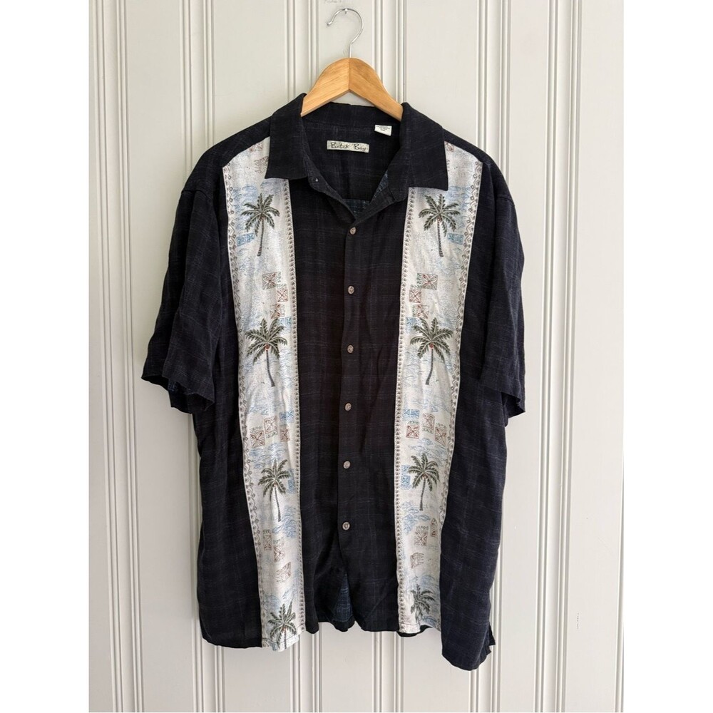 Black Short-Sleeve Palm-Print Camp Shirt